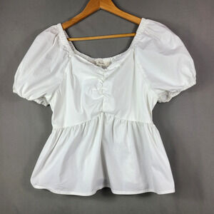 Lyn Burches Babydoll Peplum Peasant Blouse White Sweetheart Neck Boho Size L